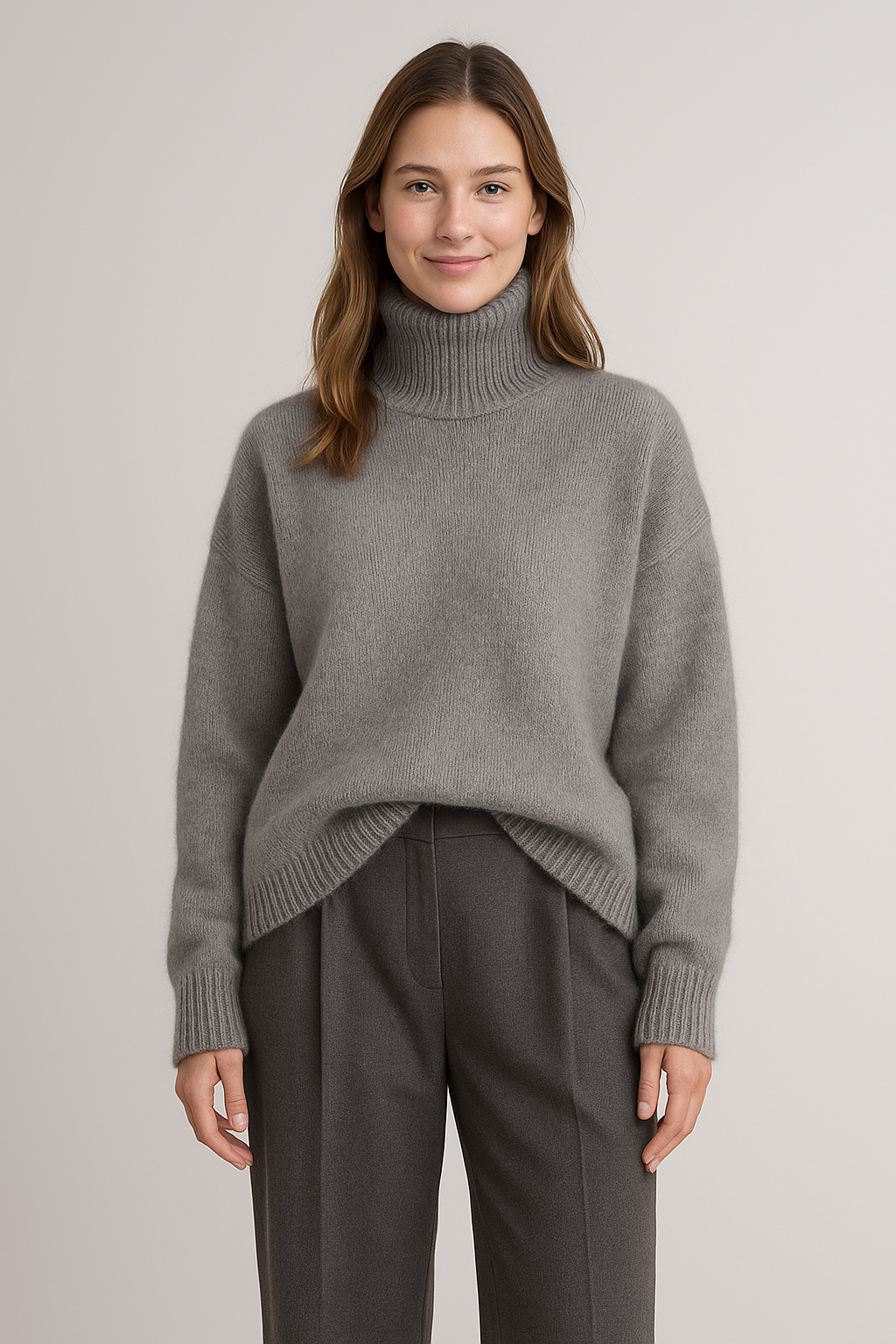 Grauer Rollkragenpullover aus Wolle für Damen – Langärmeliger Strickpullover