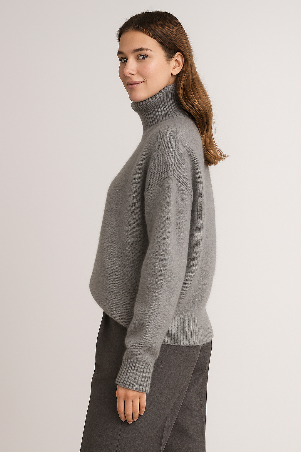 Grauer Rollkragenpullover aus Wolle für Damen – Langärmeliger Strickpullover