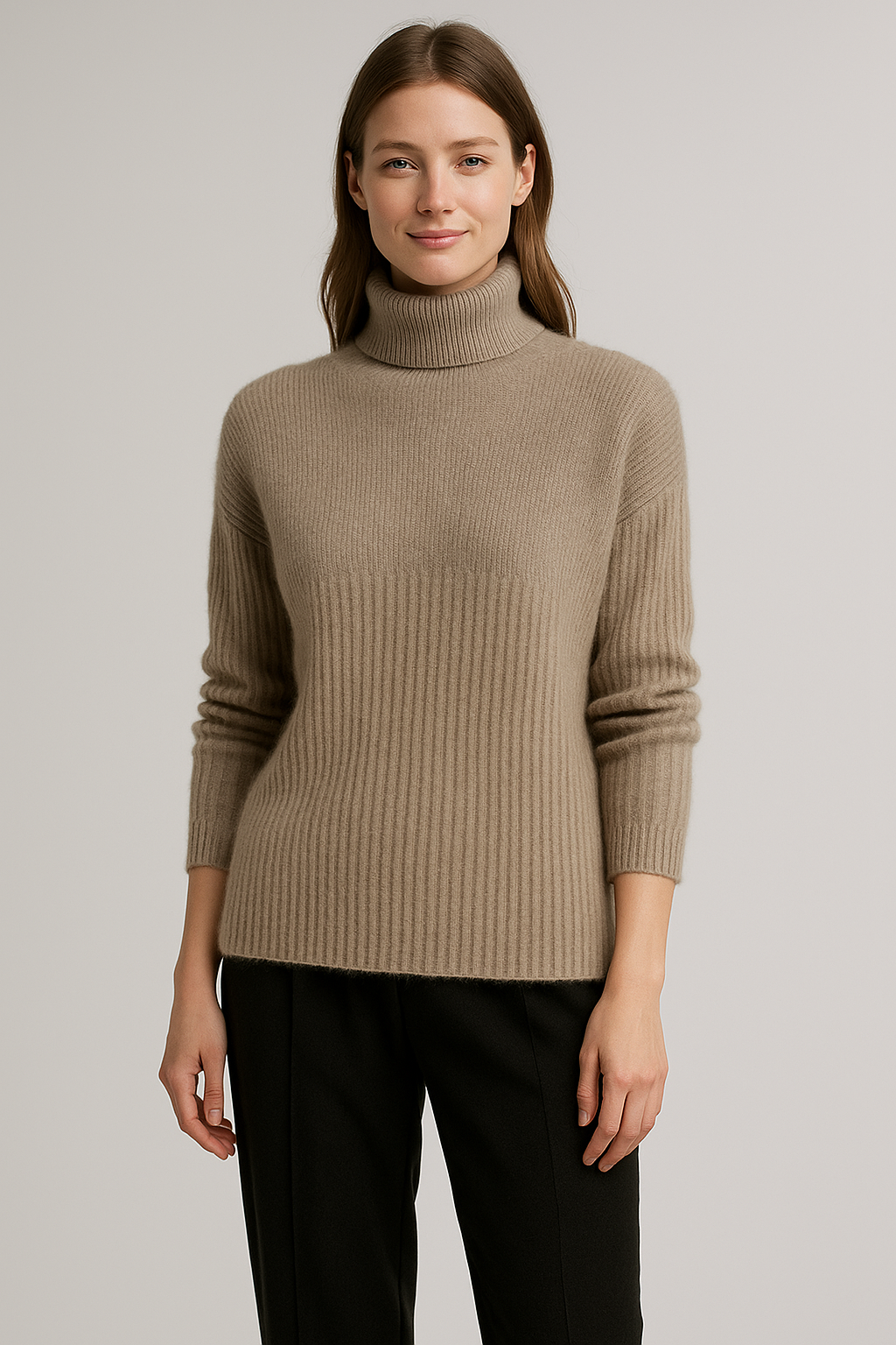 Gerippter Rollkragenpullover für Damen – Taupe