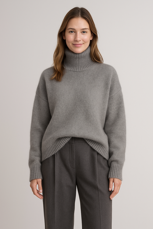 Grauer Rollkragenpullover aus Wolle für Damen – Langärmeliger Strickpullover